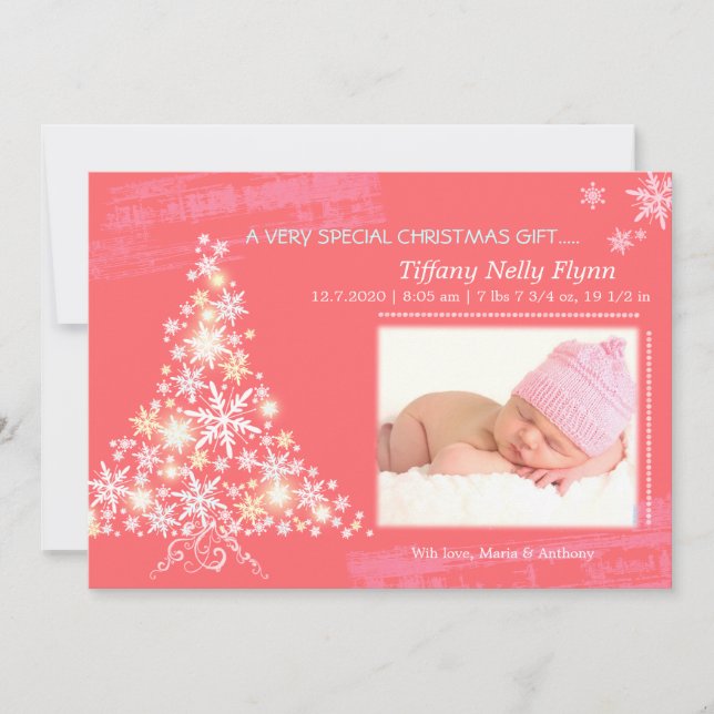 Pink Christmas New Baby Girl Photo Announcement (Front)