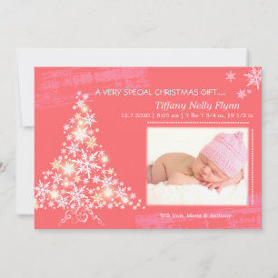 Pink Christmas New Baby Girl Photo Announcement