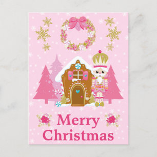 Pink Christmas Nutcracker and Gingerbread House Holiday Postcard