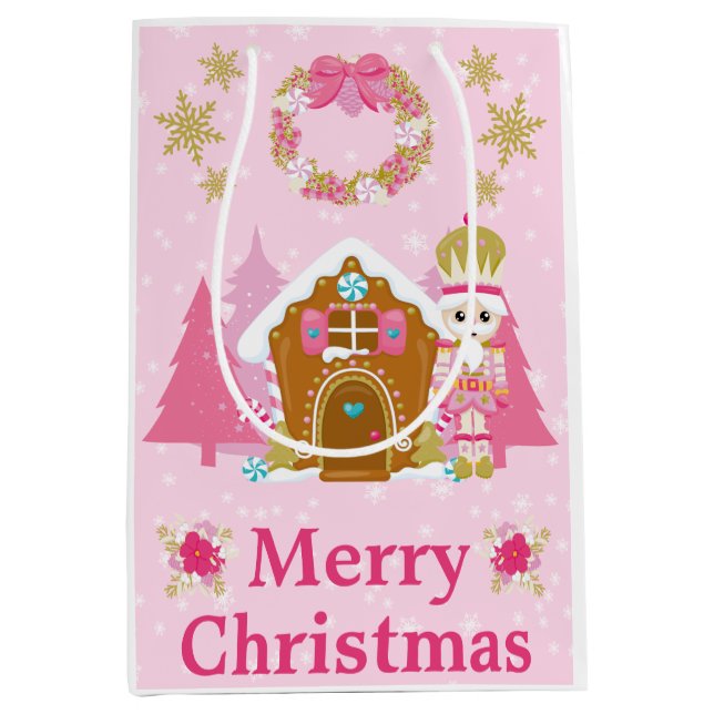 Pink Christmas Nutcracker and Gingerbread House Medium Gift Bag (Front)