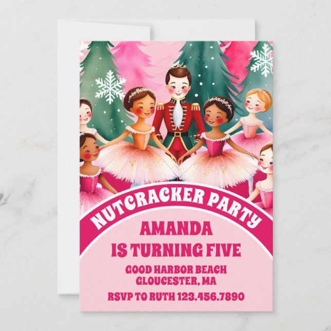 Pink Christmas Nutcracker Ballerina Kids Birthday Invitation (Front)