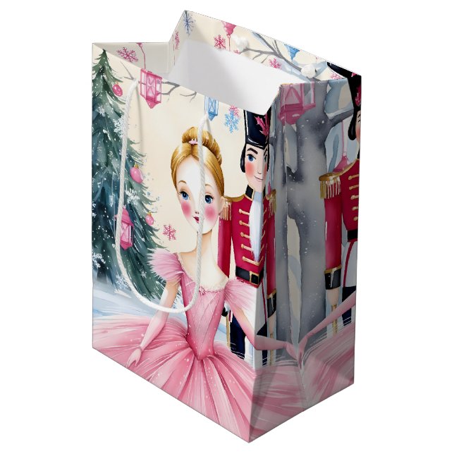 Pink Christmas Nutcracker Ballet & Ballerina Medium Gift Bag (Front Angled)