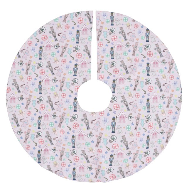 Pink Christmas Nutcracker, Gingerbread & Snowmen Brushed Polyester Tree Skirt (Front)