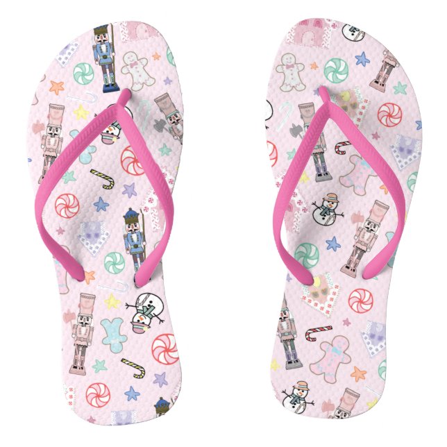 Pink Christmas Nutcracker, Gingerbread & Snowmen Flip Flops (Footbed)