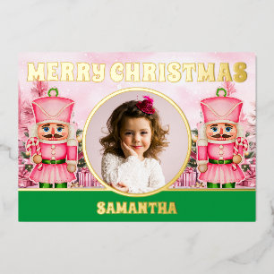 Pink Christmas Nutcracker Kids Photo  Foil Holiday Card