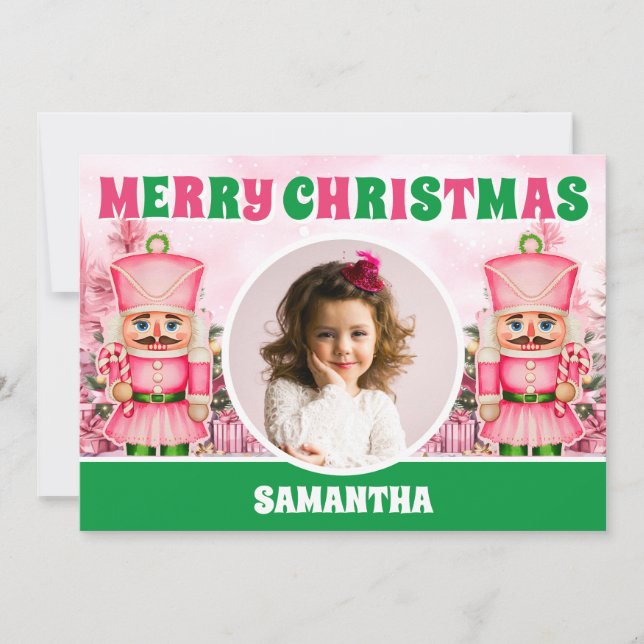 Pink Christmas Nutcracker kids Photo Holiday Card (Front)