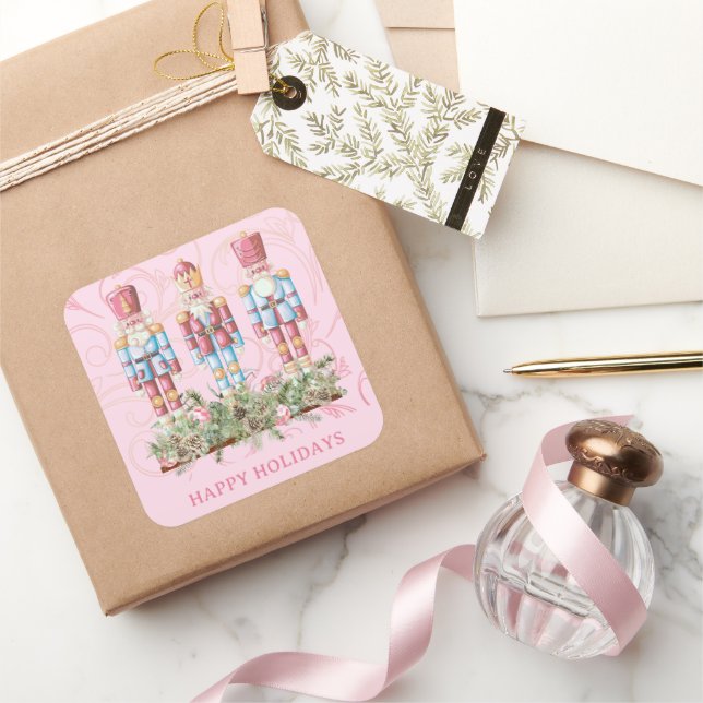 Pink Christmas Nutcracker Trio Square Sticker (Gifting)
