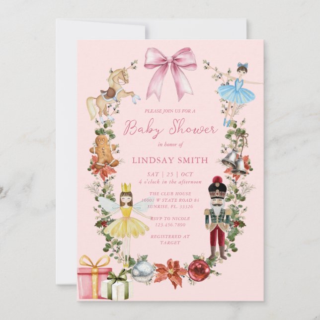 Pink Christmas Nutcracker with Bow Baby Shower Invitation (Front)