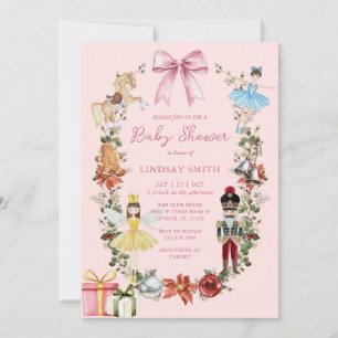 Pink Christmas Nutcracker with Bow Baby Shower Invitation