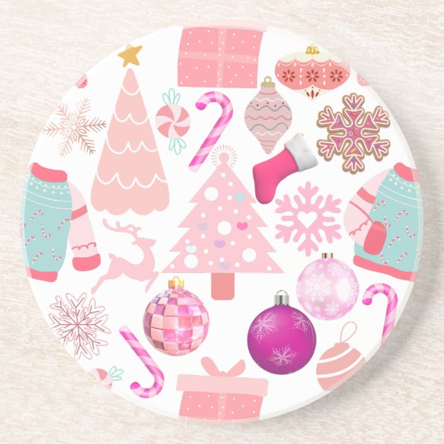 Pink Christmas Ornament Pattern Coaster (Front)