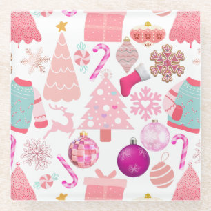 Pink Christmas Ornament Pattern Glass Coaster
