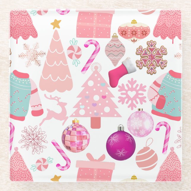 Pink Christmas Ornament Pattern Glass Coaster (Front)