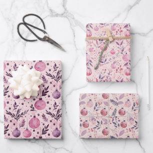 Pink Christmas Ornament Pattern with Winter Foliag Wrapping Paper Sheet