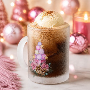 Pink Christmas Ornament Tree and Gift Box Frosted Glass Coffee Mug