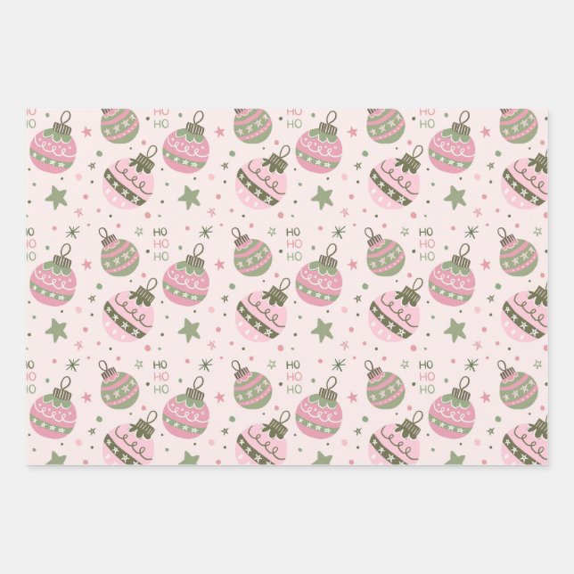 Pink Christmas Ornament Wrapping Paper (Front)