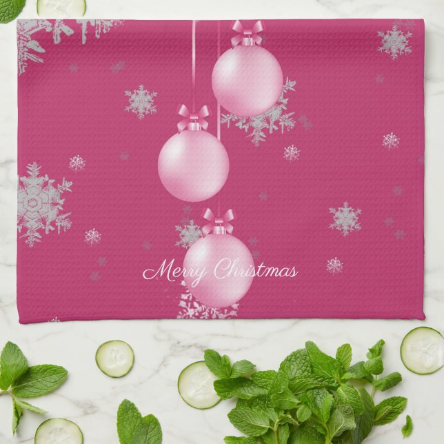 Pink Christmas Ornaments Kitchen Towel (Folded)