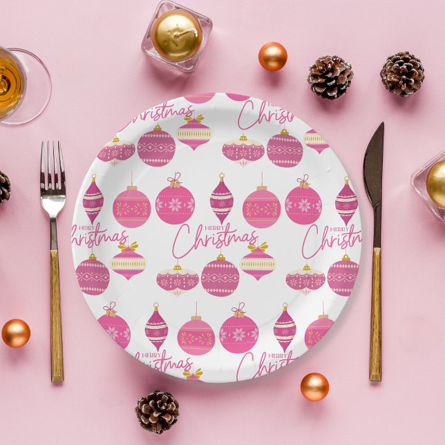 Pink Christmas Ornaments Paper Plate (Pretty paper plates for your holiday gatherings!)