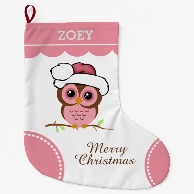 Pink Christmas Owl Large Christmas Stocking (Front)