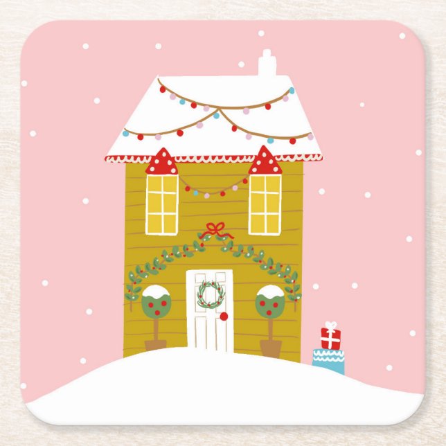 Pink Christmas Party Kids Birthday Holiday Square Paper Coaster (Front)
