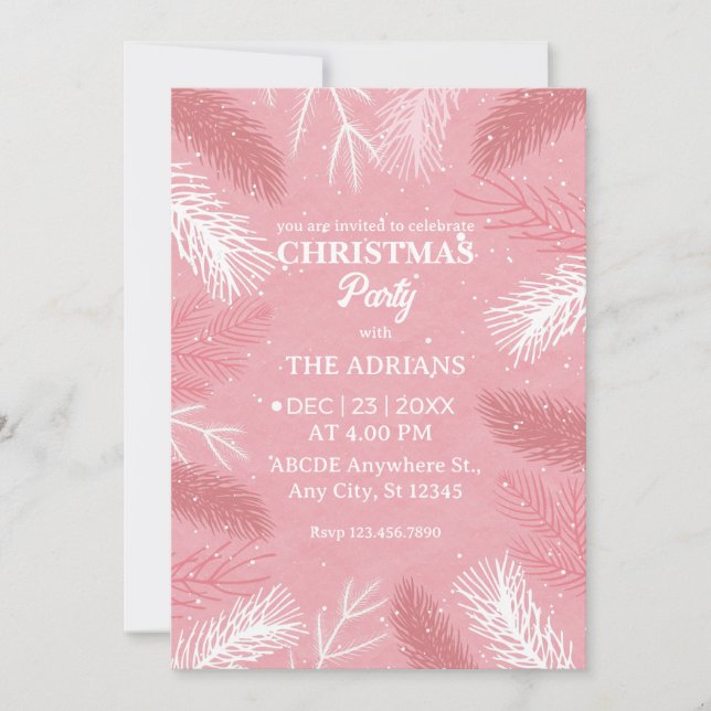 Pink christmas party with pine tree leaves  invitation (Front)