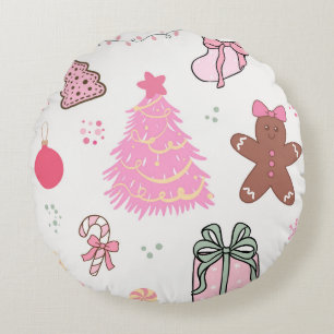 Pink Christmas Pattern Round Cushion