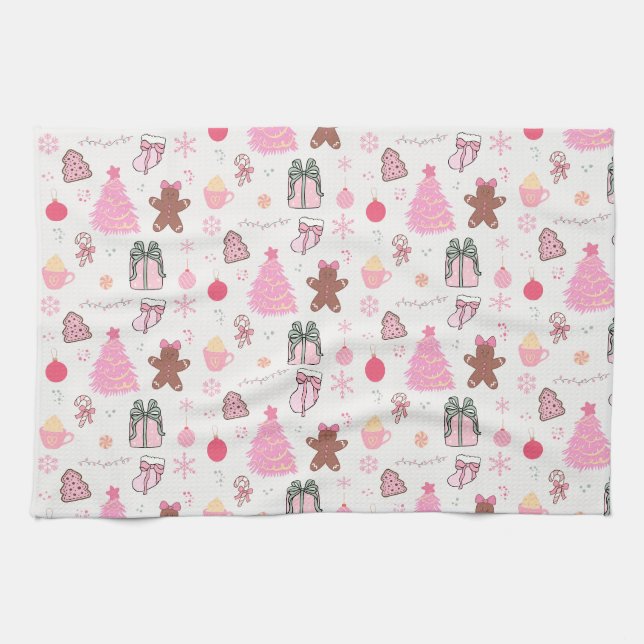  Pink Christmas Pattern Tea Towel (Horizontal)