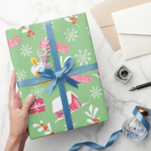 Pink Christmas Pattern With Green Background  Wrapping Paper