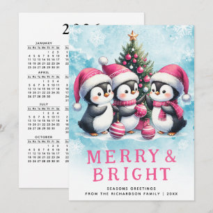 Pink Christmas Penguins Merry and Bright Holiday Card