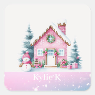Pink Christmas Personalised Gingerbread House  Square Sticker