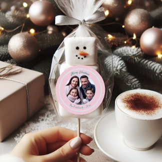 Pink Christmas Photo Classic Round Sticker
