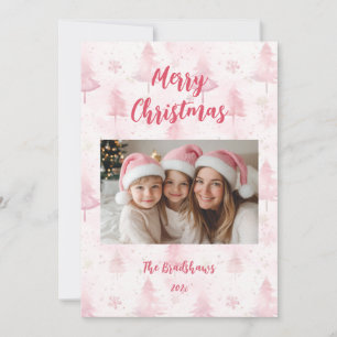Pink Christmas Pine Trees Photo Holiday Card
