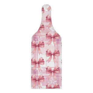 Pink Christmas Plaid Snowflakes Bow Coquette Cutting Board
