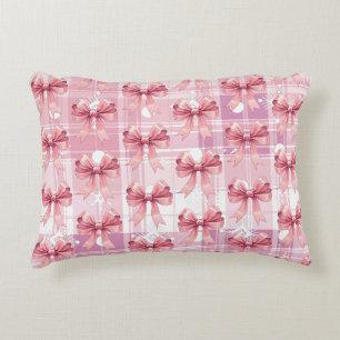 Pink Christmas Plaid Snowflakes Bow Coquette Decorative Cushion