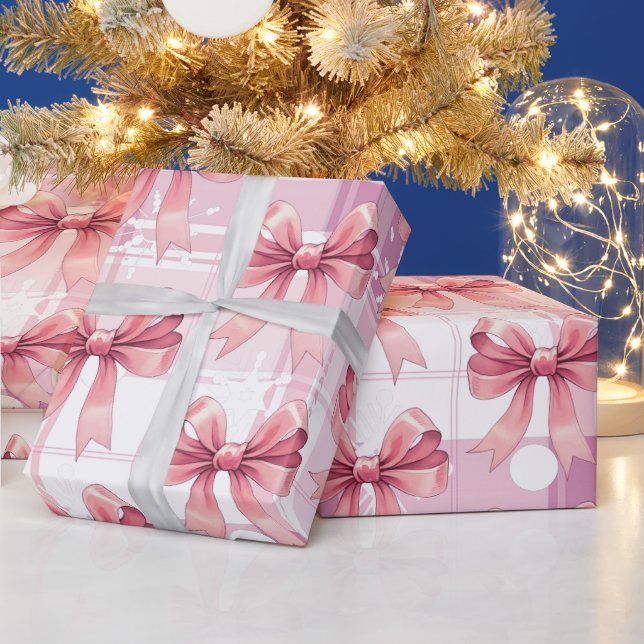 Pink Christmas Plaid Snowflakes Bow Coquette  Wrapping Paper (Holidays)