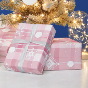 Pink Christmas Plaid Snowflakes Pattern Wrapping Paper