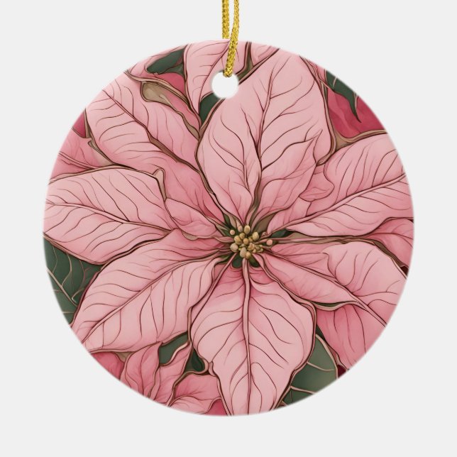 Pink Christmas Poinsettia Design Ceramic Tree Decoration (Front)