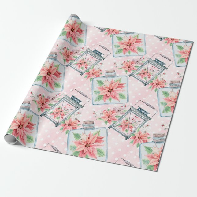 Pink Christmas Poinsettia Flowers Wrapping Paper (Unrolled)