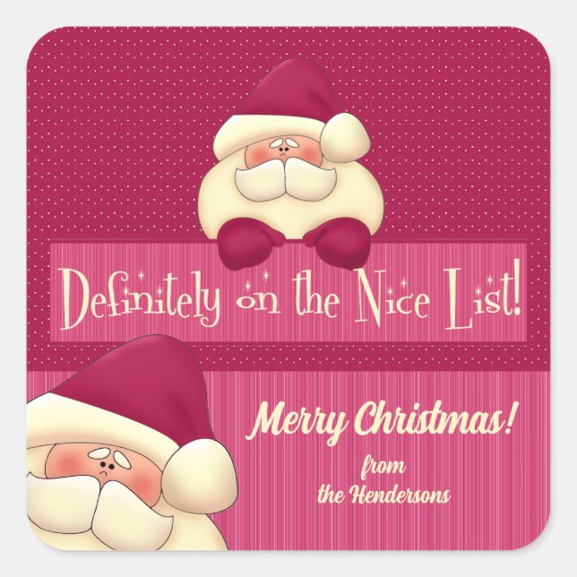 Pink Christmas Polka Dots and Santa Name Square Sticker (Front)