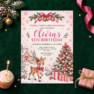 Pink Christmas Reindeer Girl Birthday Invitation