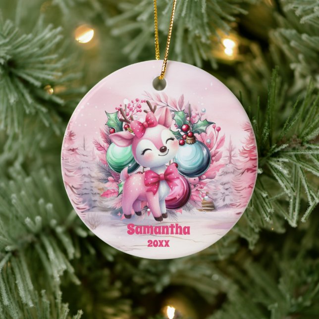 Pink Christmas Reindeer Kids Photo Ornament (Tree)