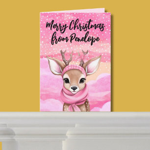 Pink Christmas Reindeer Personalised Cute Holiday Card