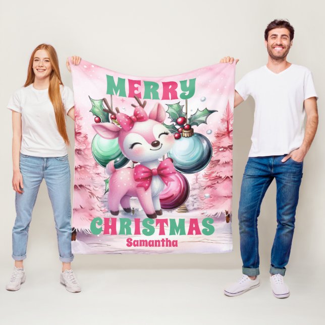 Pink Christmas Reindeer Personalised Kids Name Fleece Blanket (In Situ)