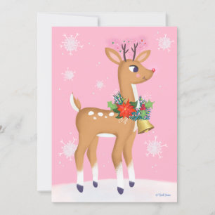 Pink Christmas Retro Rudolph Personalise Flat Card