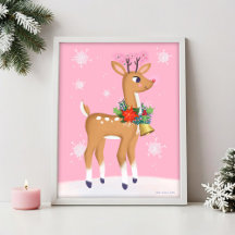 Pink Christmas Retro Rudolph Reindeer Art Print