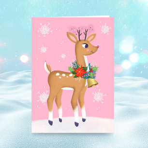 Pink Christmas Retro Rudolph Reindeer Folded Card