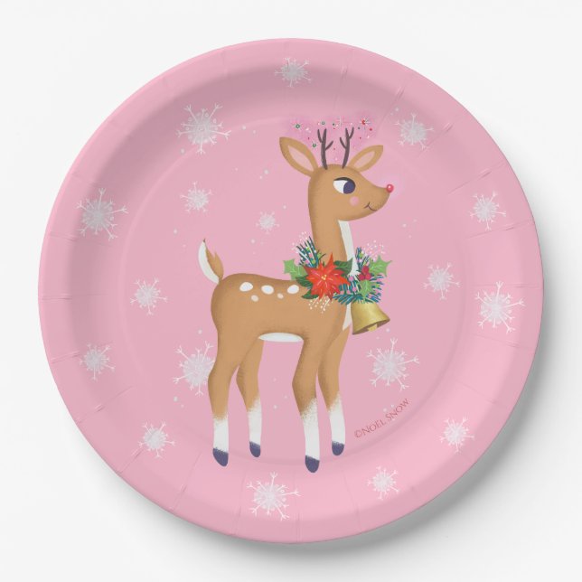 Pink Christmas Retro Rudolph Reindeer Paper Plate (Front)