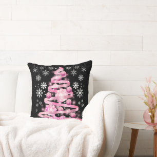Pink Christmas Ribbon Tree Snowflake Holiday Decor Cushion
