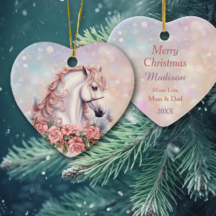 Pink Christmas Rose Bouquet White Horse Kids Ceramic Tree Decoration