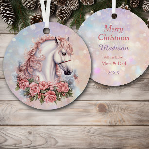 Pink Christmas Rose Bouquet White Horse Kids Metal Tree Decoration