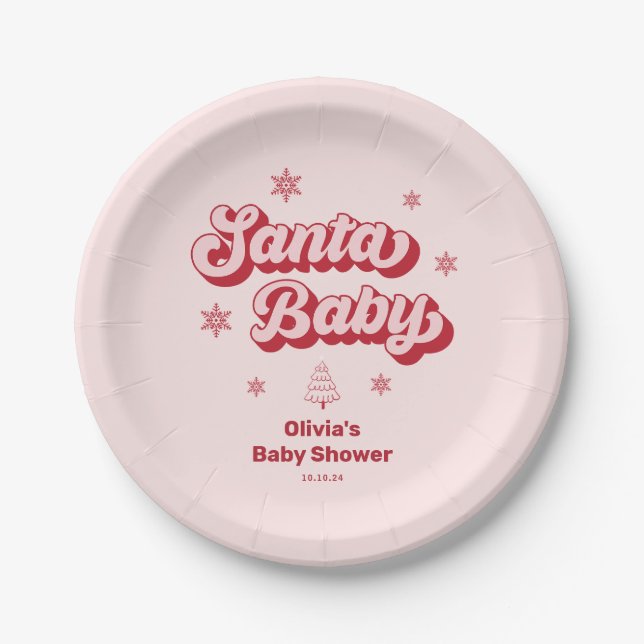 Pink Christmas Santa Baby Baby Shower Paper Plate (Front)